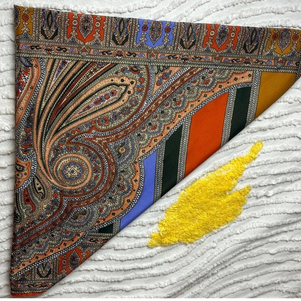 Vintage 70s Bohemian Psychedelic Paisley Square Scarf Japan Orange Blue RN 62944